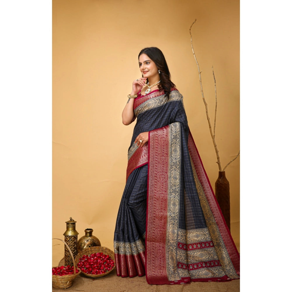 Grey soft Dola cotton kalamkari printed saree with unstitched blouse, traditional Indian attire for women on display