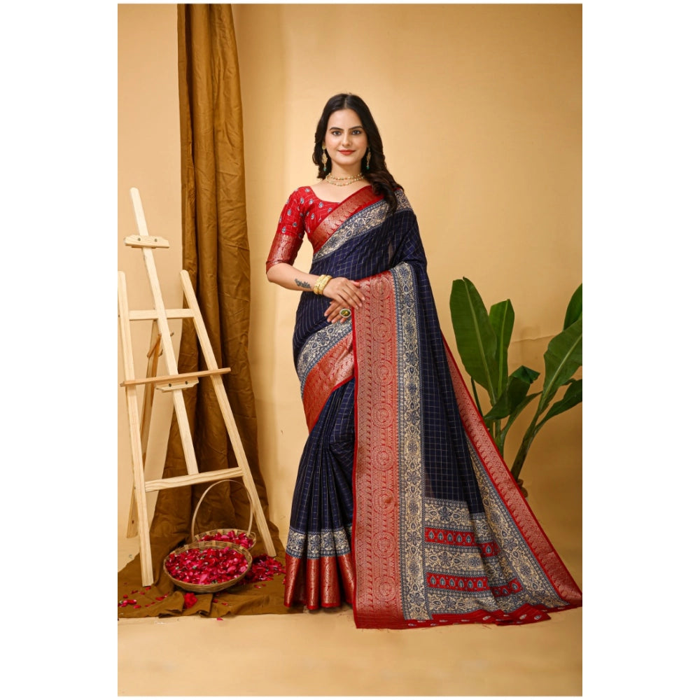 Navy blue kalamkari printed soft Dola cotton saree with unstitched blouse, vibrant traditional Indian wear