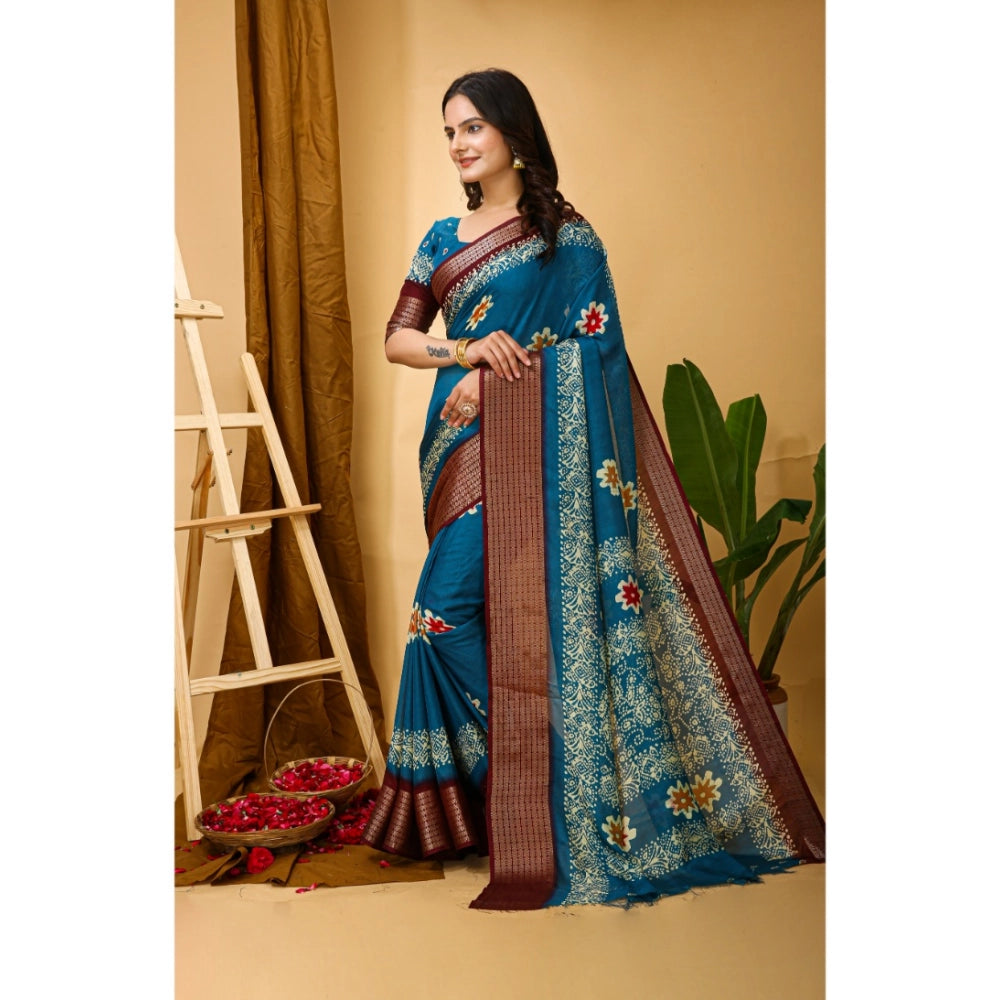 Blue soft blooming marshmallow fabric kalamkari printed saree with unstitched blouse, vibrant floral design on a 5.5mtr length