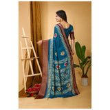 Blue Kalamkari printed soft marshmallow fabric saree with unstitched blouse, vibrant blooming floral patterns on Indian silk-like material