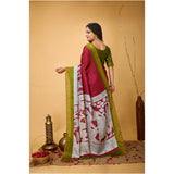 Maroon soft handloom cotton Kalamkari printed saree with unstitched blouse, traditional Indian wear on model