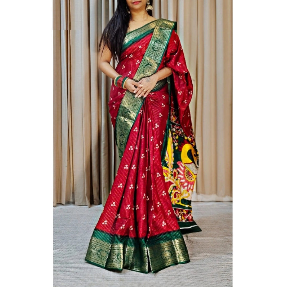 Red soft Dola cotton kalamkari printed saree with unstitched blouse, vibrant Indian traditional wear