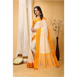 Yellow soft cotton silk printed saree with unstitched blouse, vibrant Indian fashion wear