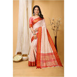 Red soft cotton silk printed saree with unstitched blouse, vibrant Indian wear on mannequin