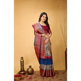 Blue soft Dola cotton Kalamkari printed saree with unstitched blouse, traditional Indian women's fashion accessory