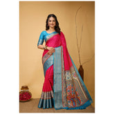 Soft pink Dola cotton Kalamkari saree with unstitched blouse, traditional Indian ethnic wear on display rack