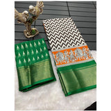 Green Kalamkari-printed soft Dola cotton saree with unstitched blouse, traditional Indian women's wear