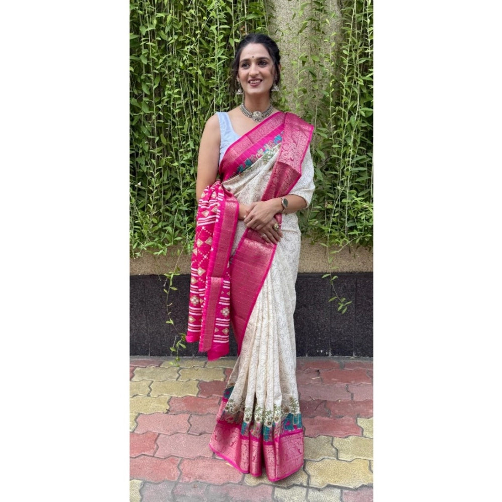 White soft Dola cotton Kalamkari printed saree with unstitched blouse, traditional Indian wear for women on hanger