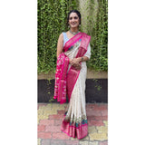 White soft Dola cotton Kalamkari printed saree with unstitched blouse, traditional Indian wear for women on hanger