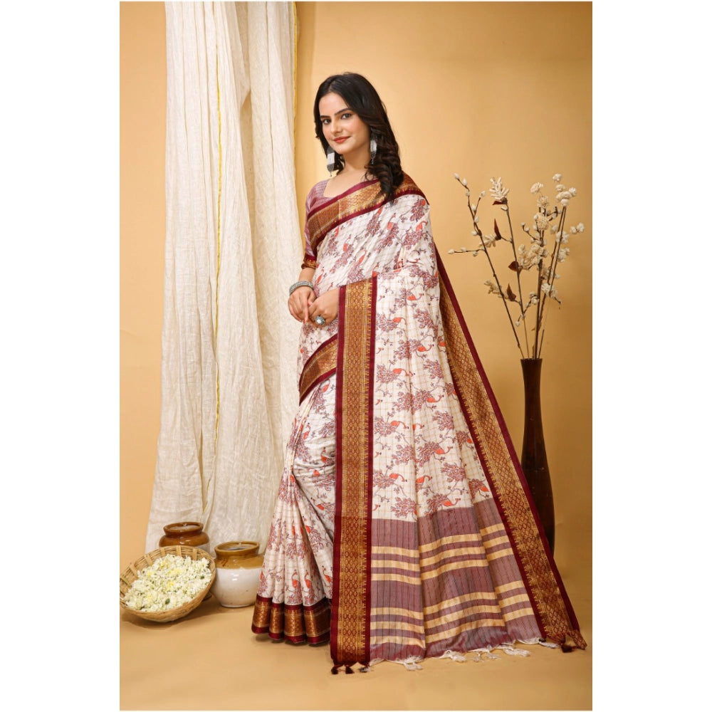 Maroon soft cotton silk printed saree with unstitched blouse, elegant Indian fashion wear