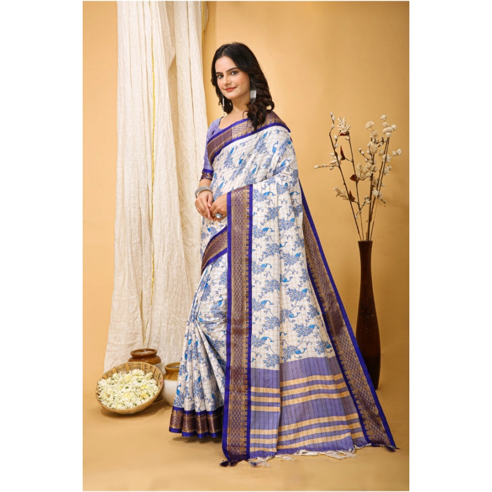 Purple soft cotton silk printed saree with unstitched blouse, luxurious Indian wear