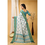 Soft cotton silk turquoise printed saree with unstitched blouse, vibrant Indian wear for women on display