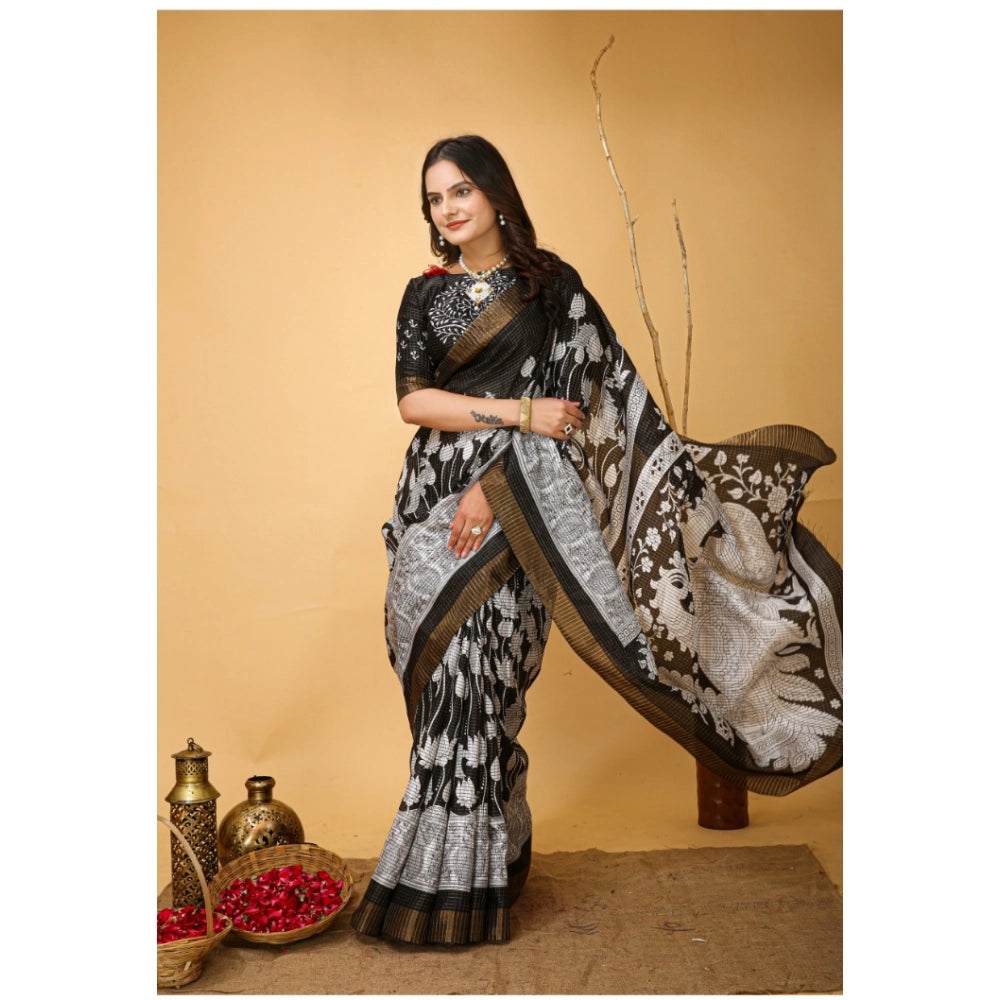 Black soft handloom cotton Kalamkari printed saree with unstitched blouse (5.5mtr)