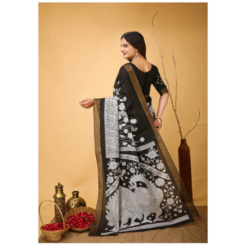 Black soft handloom cotton kalamkari printed saree with unstitched blouse, traditional Indian fashion accessory