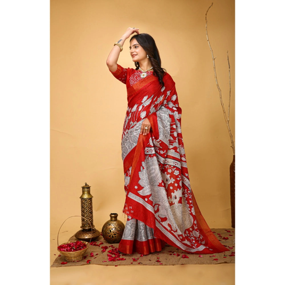 Red soft handloom cotton kalamkari printed saree with unstitched blouse, traditional Indian fashion accessory on mannequin