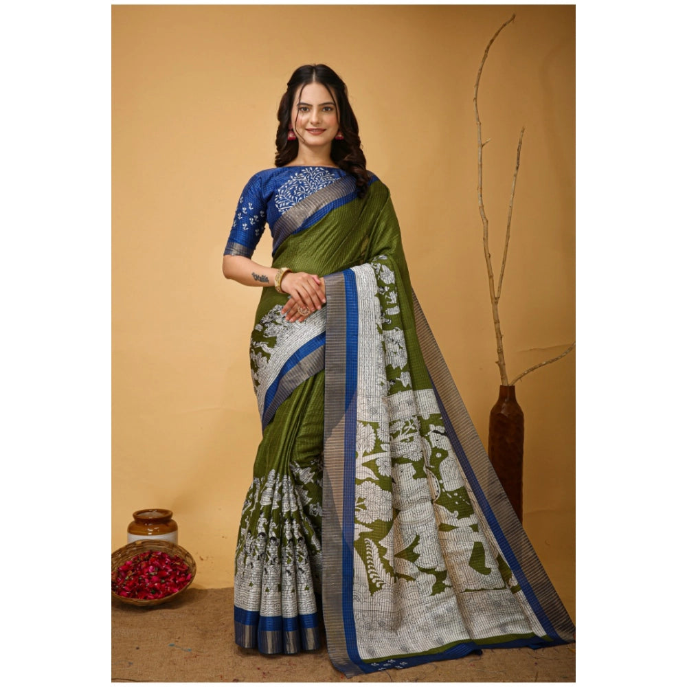 Soft handloom cotton Mehendi Kalamkari printed saree with unstitched blouse, vibrant floral design on 5.5mtr length