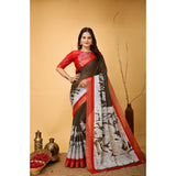 Brown soft handloom cotton Kalamkari printed saree with unstitched blouse, traditional Indian attire for women on display