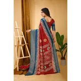 Red Kalamkari printed saree with unstitched blouse in soft blooming marshmallow fabric