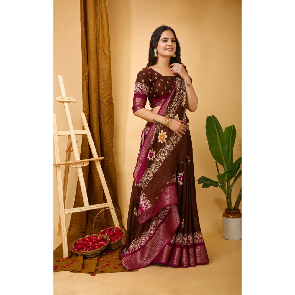 Maroon Kalamkari printed saree with unstitched blouse, featuring soft blooming marshmallow fabric