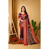 Women's wine-colored Kalamkari printed saree with unstitched blouse in soft blooming marshmallow fabric