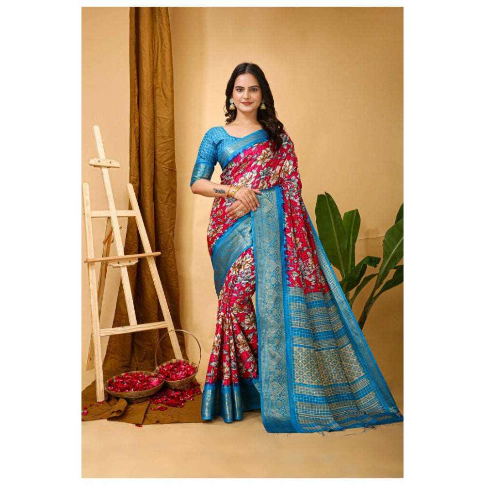 Pink soft Dola cotton kalamkari printed saree with unstitched blouse, traditional Indian women's wear accessory on mannequin