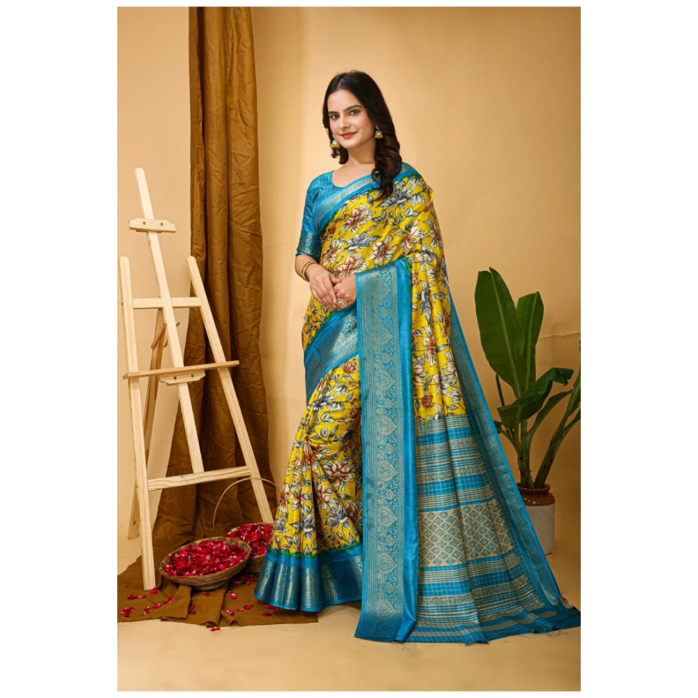 Yellow Kalamkari printed Dola cotton saree with unstitched blouse, vibrant Indian wear for women