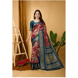 Red soft Dola cotton kalamkari printed saree with unstitched blouse, vibrant traditional Indian wear