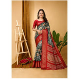 Green soft Dola cotton kalamkari printed saree with unstitched blouse, traditional Indian attire on model