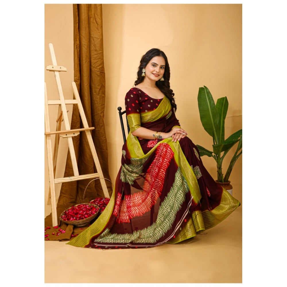 Maroon Kalamkari printed soft marshmallow fabric saree with unstitched blouse, vibrant bloom patterns