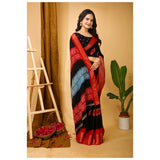 Black Kalamkari-printed soft marshmallow fabric saree with unstitched blouse, detailed close-up