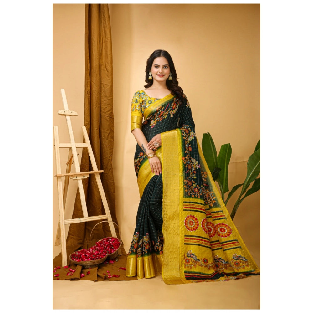 Green Kalamkari printed soft Dola cotton saree with unstitched blouse, traditional Indian attire on mannequin