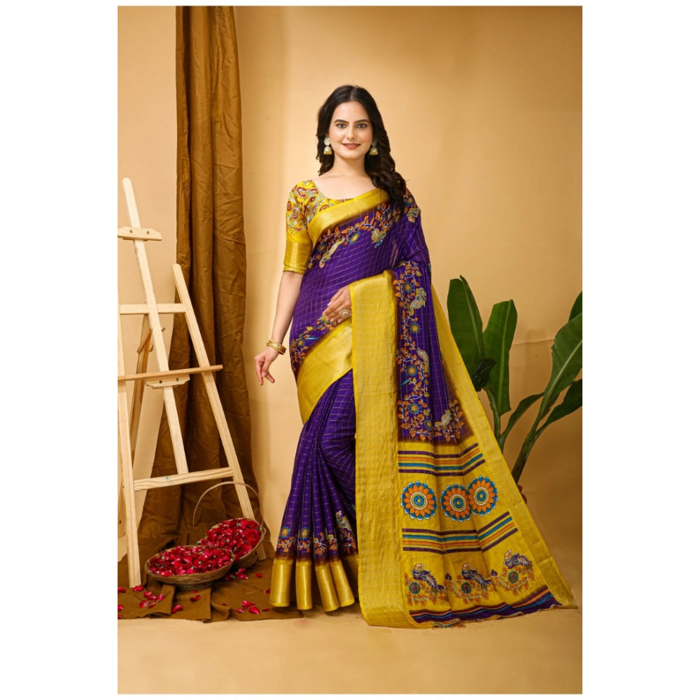 Purple Dola Cotton Kalamkari printed saree with unstitched blouse, traditional Indian women's wear on mannequin