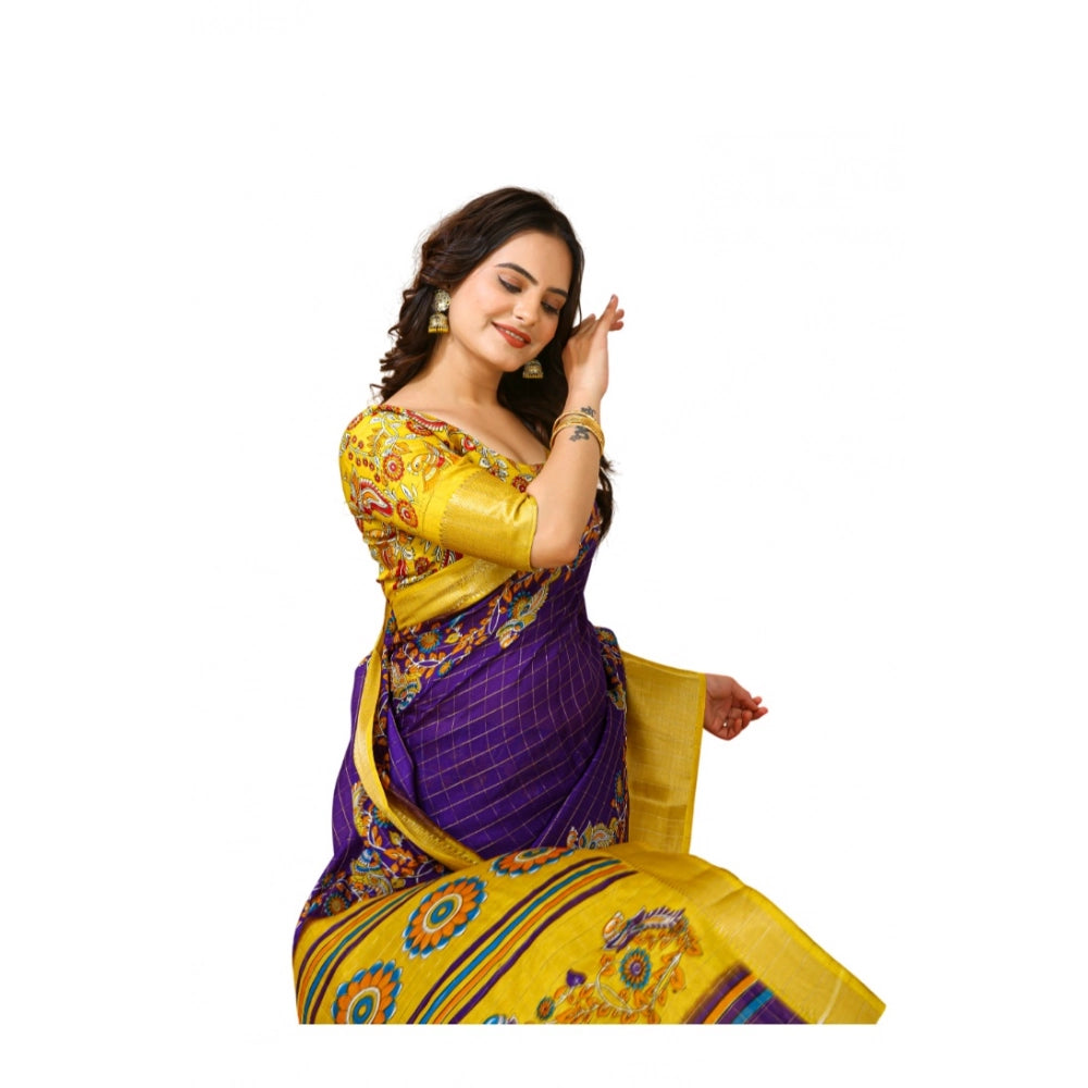 Purple soft Dola cotton Kalamkari printed saree with unstitched blouse, traditional Indian women's wear