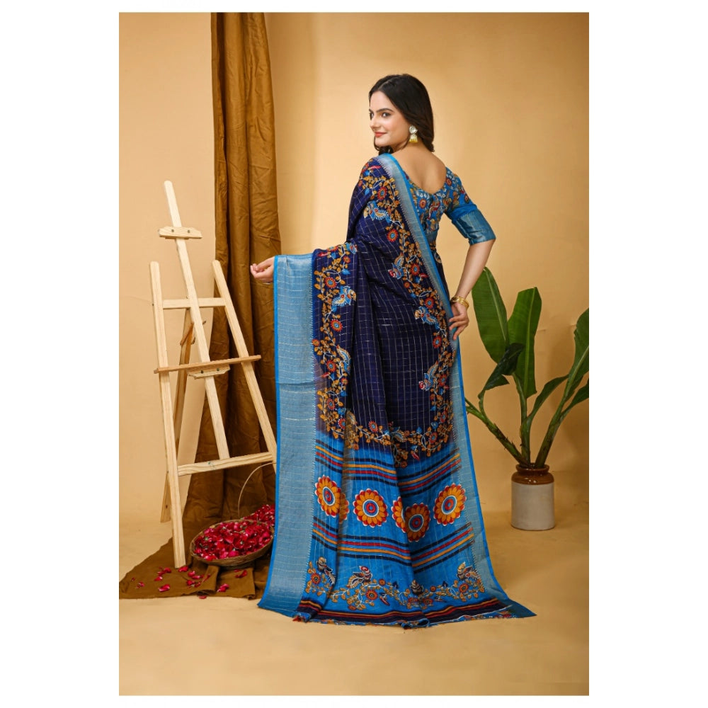 Navy Blue Dola Cotton Kalamkari Printed Saree with Unstitched Blouse, soft women's saree for traditional Indian wear