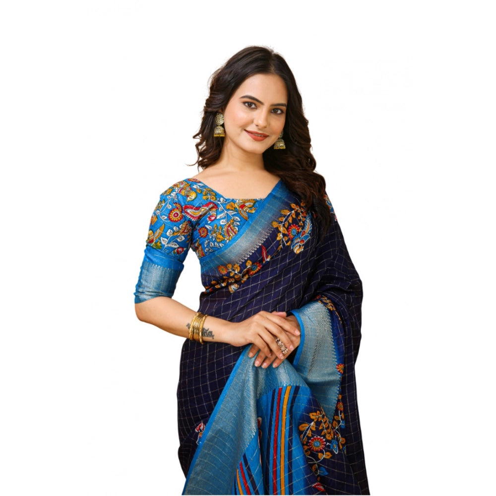 Navy blue kalamkari printed Dola cotton saree with unstitched blouse, soft and vibrant