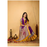 Purple soft dola cotton kalamkari printed saree with unstitched blouse, traditional Indian women's attire