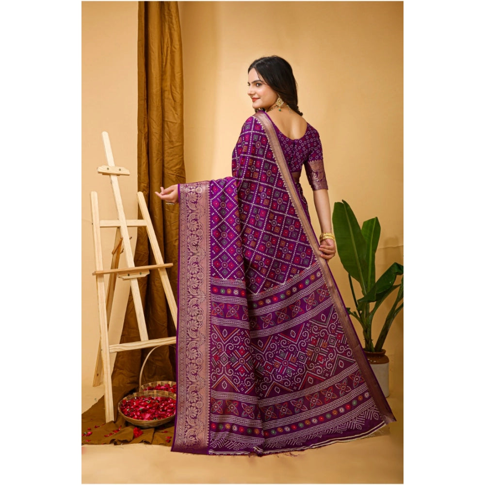 Purple Kalamkari-printed soft Dola cotton saree with unstitched blouse, vibrant Indian wear for women
