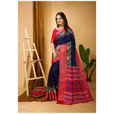 Navy blue Kalamkari printed soft Dola cotton saree with unstitched blouse, traditional Indian women's wear on display