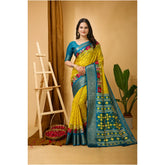 Yellow Kalamkari printed soft dola cotton saree with unstitched blouse for women