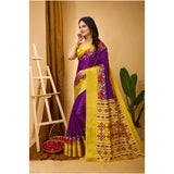 Purple soft Dola cotton Kalamkari printed saree with unstitched blouse, vibrant traditional Indian attire on model