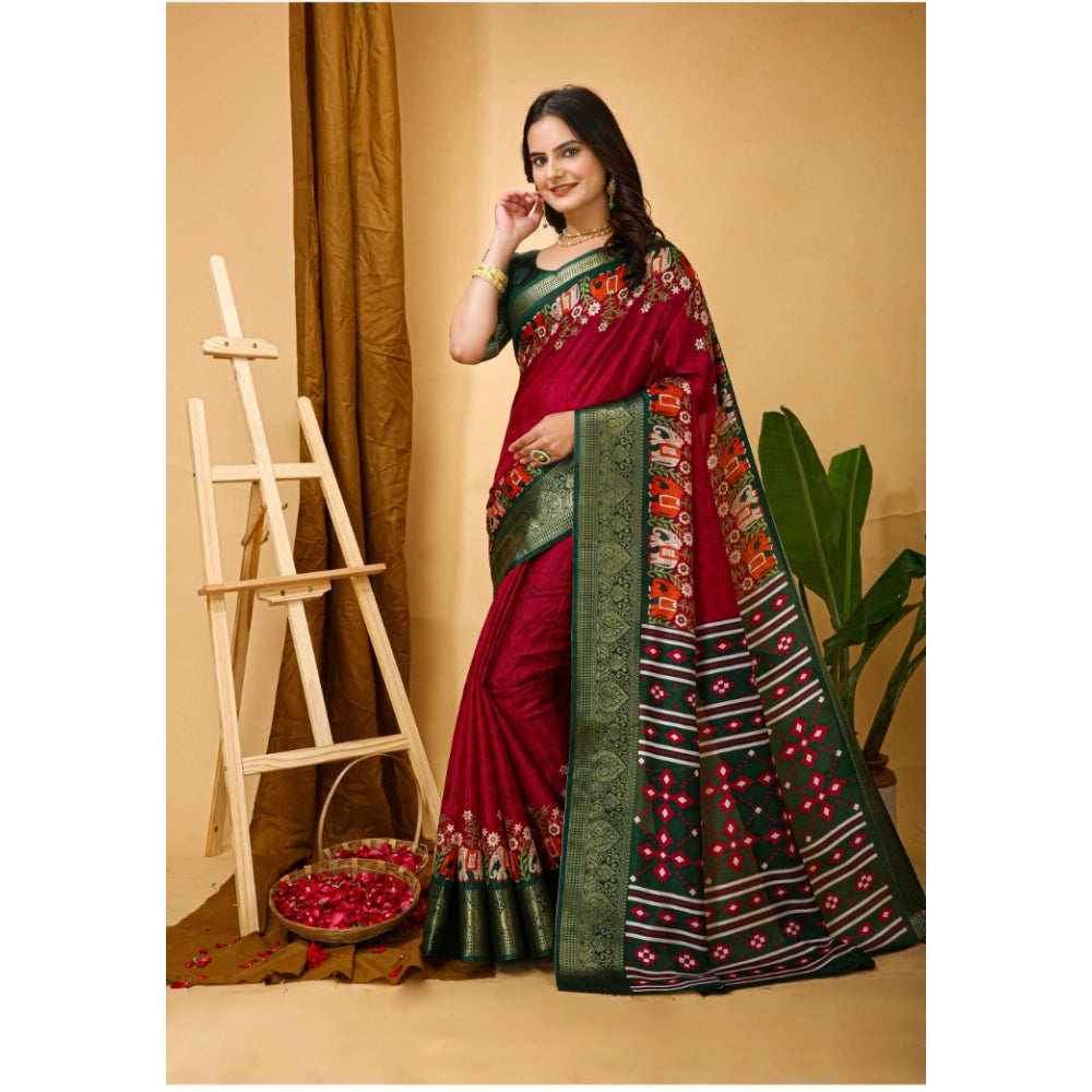 Red soft Dola cotton kalamkari printed saree with unstitched blouse, traditional Indian attire for women