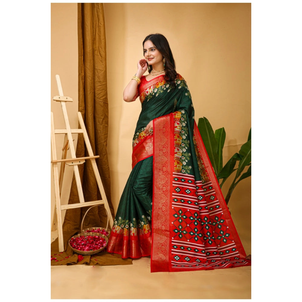 Green Kalamkari printed soft Dola cotton saree with unstitched blouse, vibrant ethnic wear for women