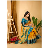 Yellow soft Dola cotton Kalamkari printed saree with unstitched blouse, traditional Indian women's wear