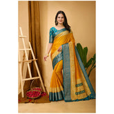 Yellow Kalamkari printed soft Dola cotton saree with unstitched blouse, vibrant traditional Indian wear
