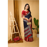 Navy blue kalamkari printed soft Dola cotton saree with unstitched blouse, traditional Indian wear on mannequin