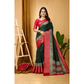 B.Green Kalamkari printed soft dola cotton saree with unstitched blouse, vibrant Indian wear on mannequin
