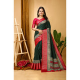 B.Green Kalamkari printed soft dola cotton saree with unstitched blouse, vibrant Indian wear on mannequin