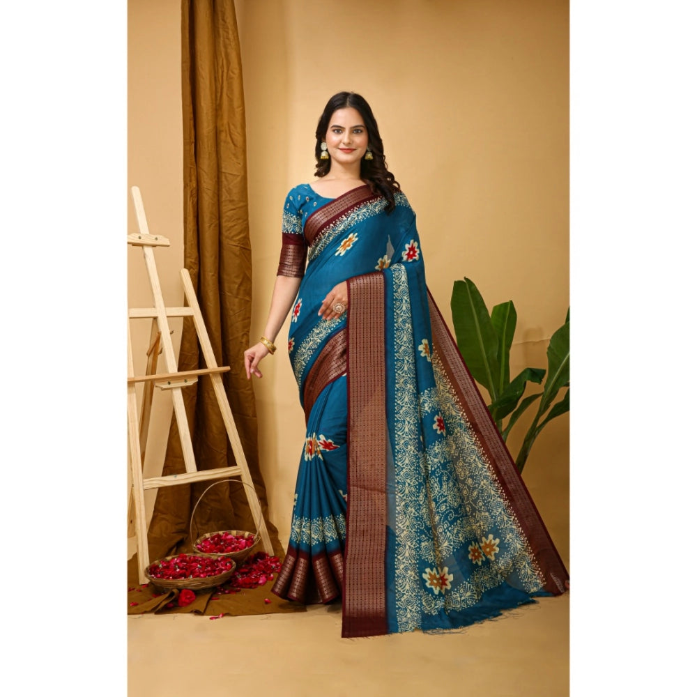 Blue soft blooming marshmallow fabric kalamkari printed saree with unstitched blouse, traditional Indian women's wear on display