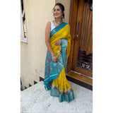 Mustard soft Dola cotton Kalamkari printed saree with unstitched blouse (5.5mtr), traditional Indian attire on mannequin