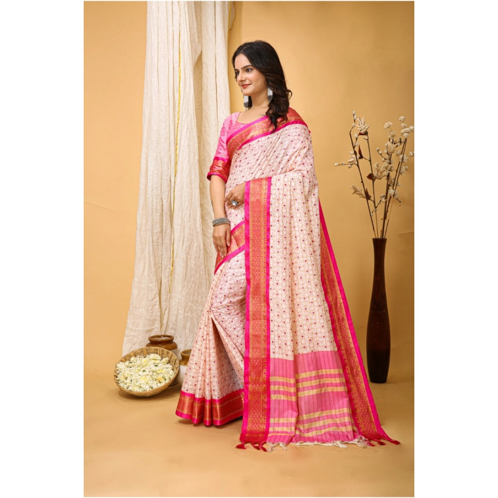 Pink soft cotton silk printed saree with unstitched blouse, luxurious Indian women's wear